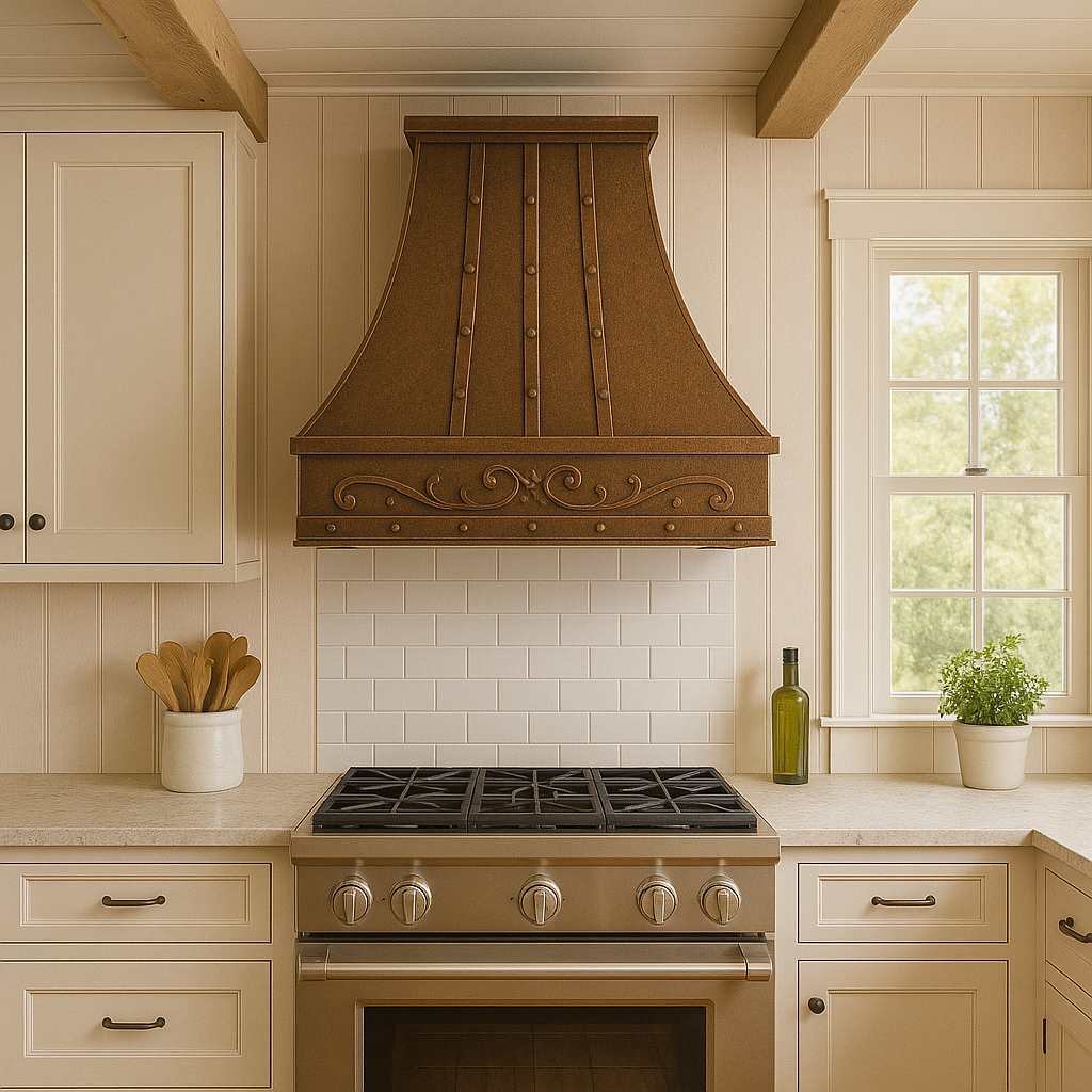 Hacienda copper range hood with rivets and scroll apron in a transitional kitchen