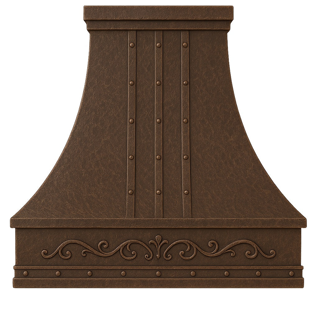 Hacienda copper range hood with rivets and scroll apron, front view