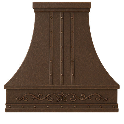 Hacienda copper range hood with rivets and scroll apron, front view