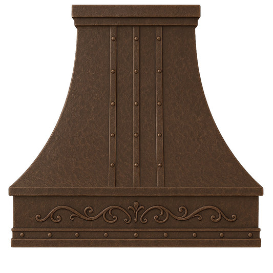 Hacienda copper range hood with rivets and scroll apron, front view