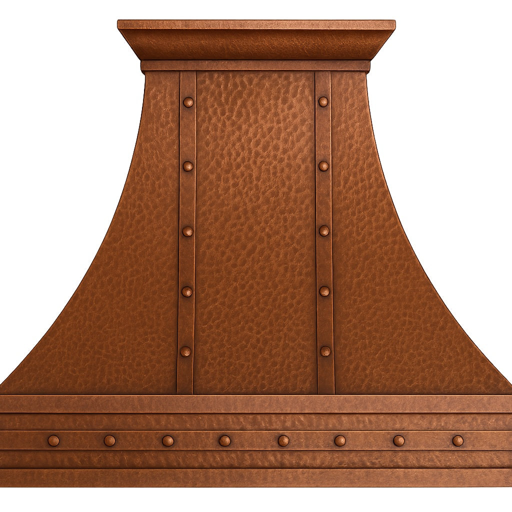 Hacienda copper range hood with rivets and straps design front view
