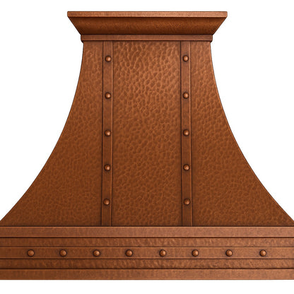 Hacienda copper range hood with rivets and straps design front view