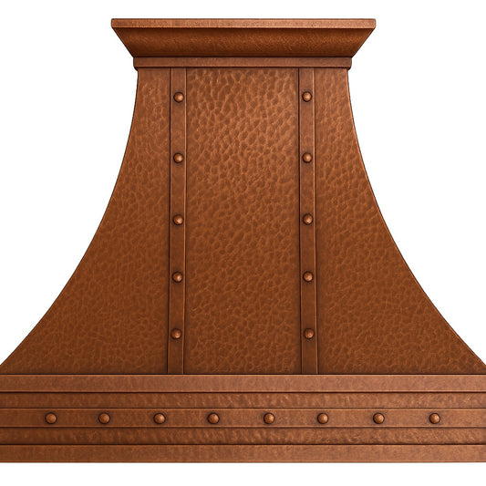 Hacienda copper range hood with rivets and straps design front view