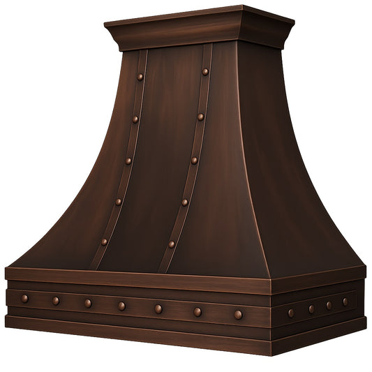 Hacienda copper range hood with rivets and straps design seen from the side