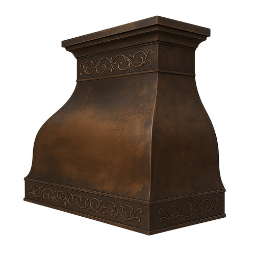 Hacienda copper range hood with decorative scrollwork apron seen from the side