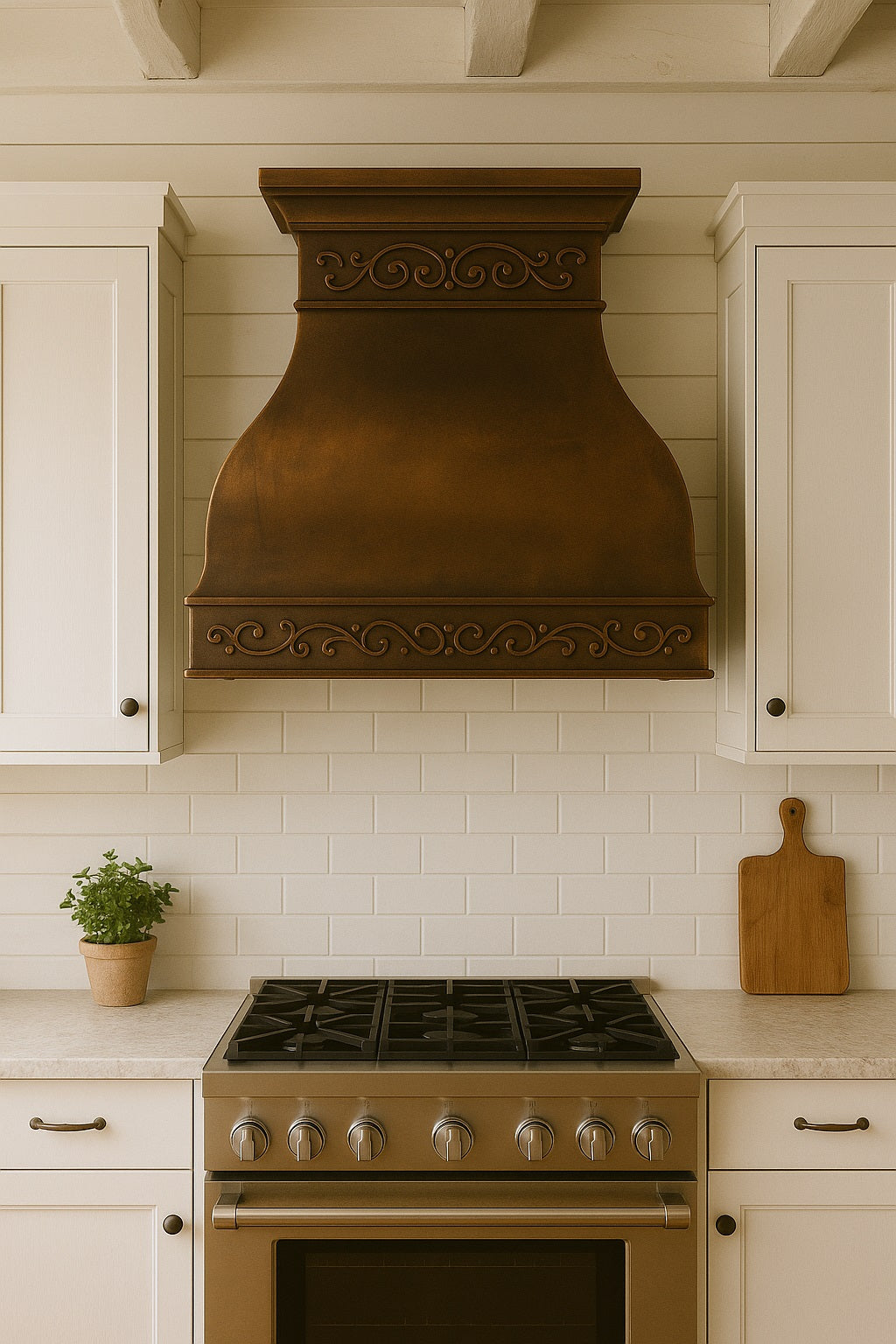 Hacienda copper range hood with decorative scrollwork apron in a farmhouse style kitchen