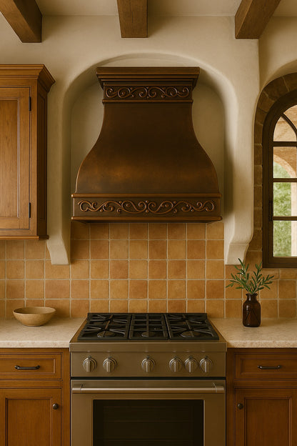 Hacienda copper range hood with decorative scrollwork apron in a Mediterranean kitchen