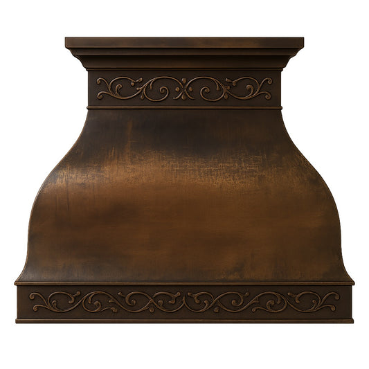Hacienda copper range hood with decorative scrollwork apron front view