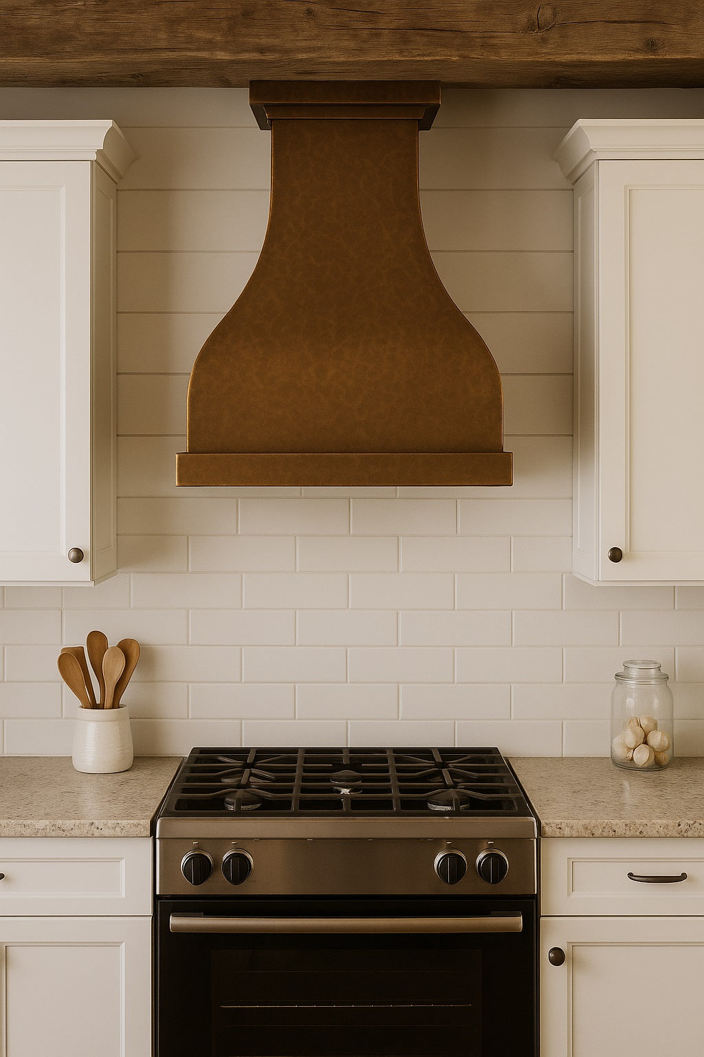 Smooth hacienda 30-inch copper range hood with simple crown in a farmhouse designed kitchen