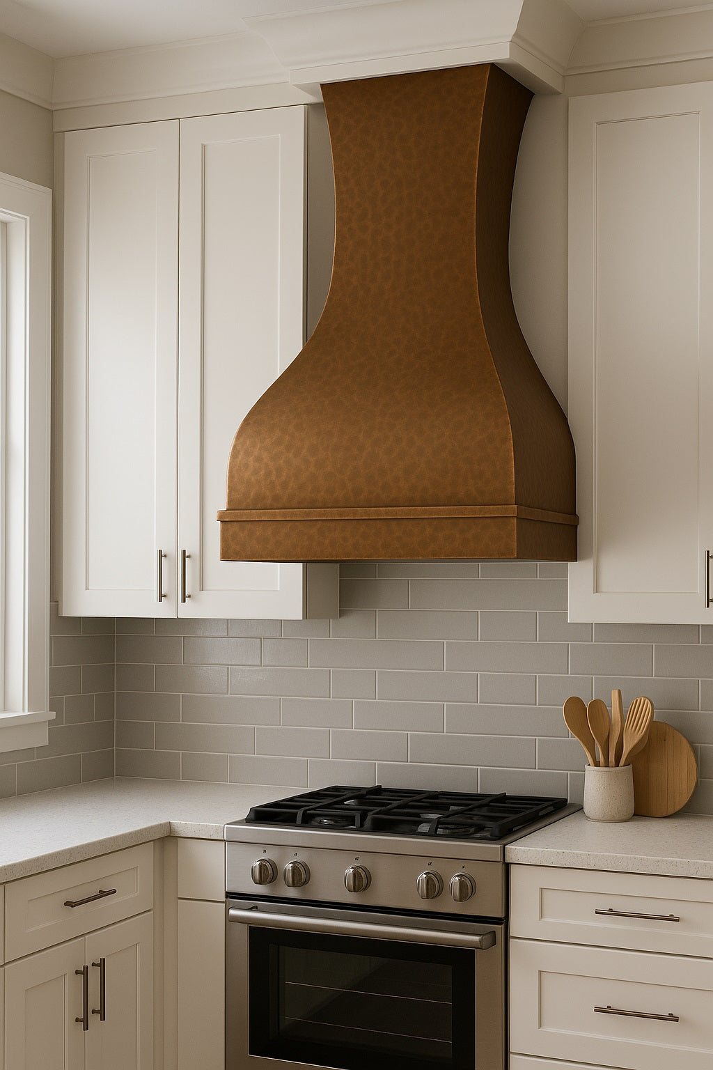 Smooth hacienda 36-inch copper range hood with simple crown in a rustic modern kitchen