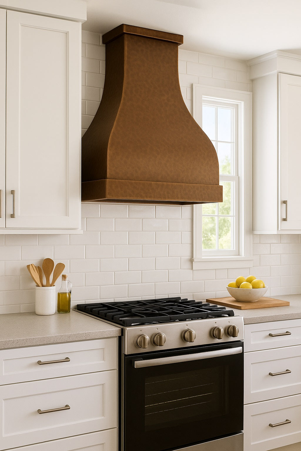 42-inch smooth hacienda copper range hood with simple crown in a transitional kitchen settings