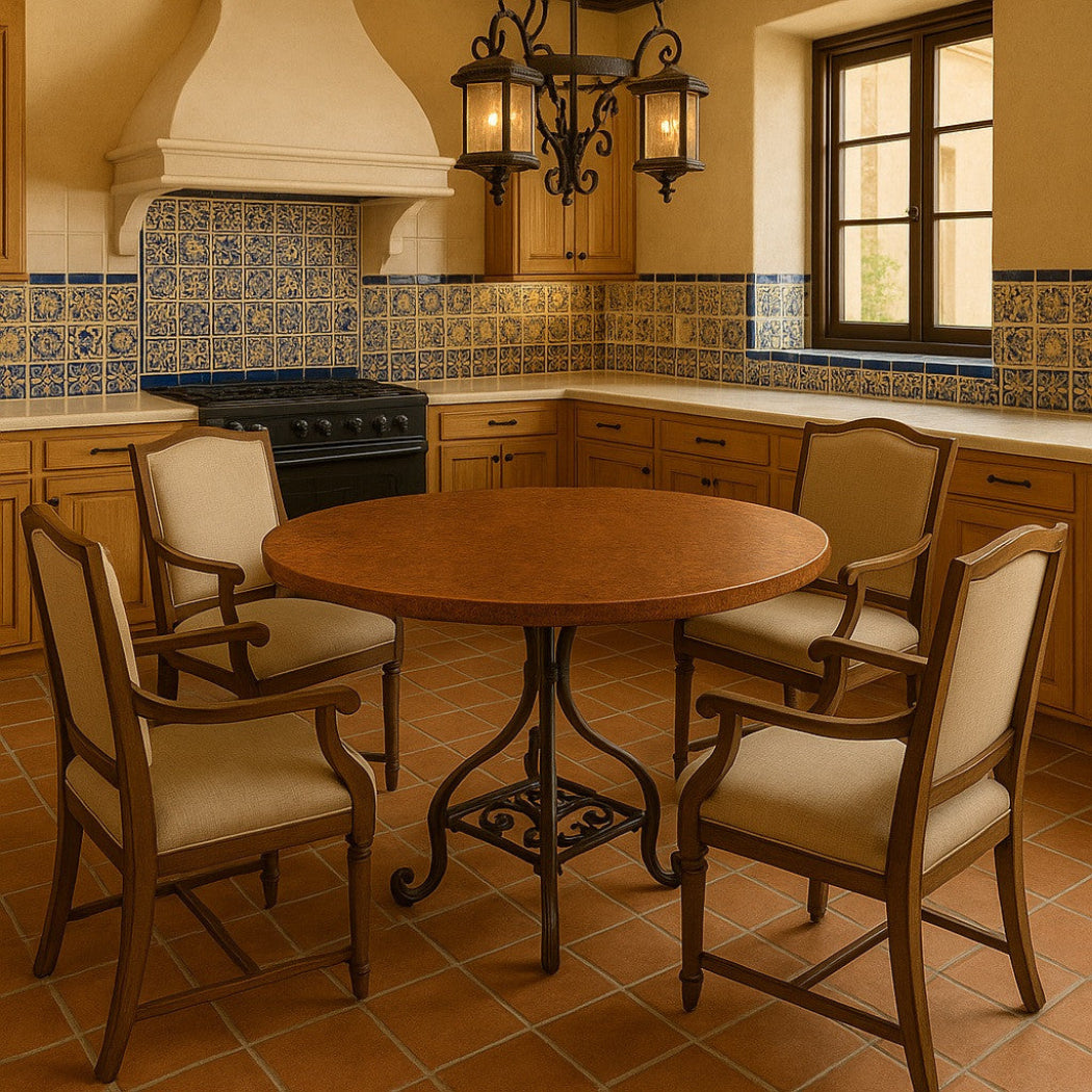 Copper table with a curved scroll iron base and handcrafted top furnishing a hacienda style eat-in kitchen area
