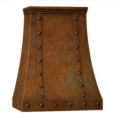 Hacienda style copper kitchen range hood with rivets angled view