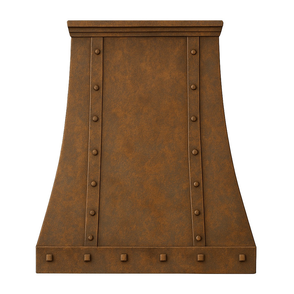 Hacienda style copper kitchen range hood with rivets front view