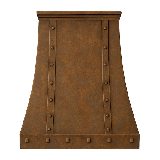 Hacienda style copper kitchen range hood with rivets front view
