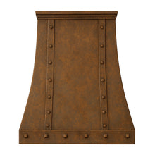 Hacienda style copper kitchen range hood with rivets front view