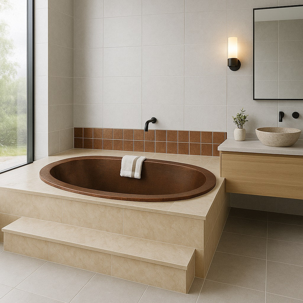 Drop-In copper bathtub for alcove installation in a modern bathroom setting