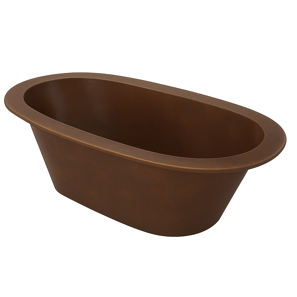 Hand-hammered drop-In copper bathtub for alcove installation as seen from the angle