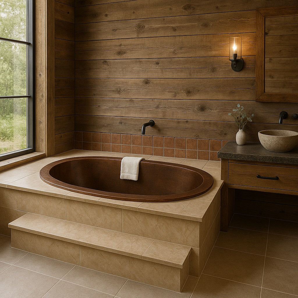 Drop-In copper bathtub for alcove installation in a rustic bathroom