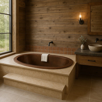 Drop-In copper bathtub for alcove installation in a rustic bathroom