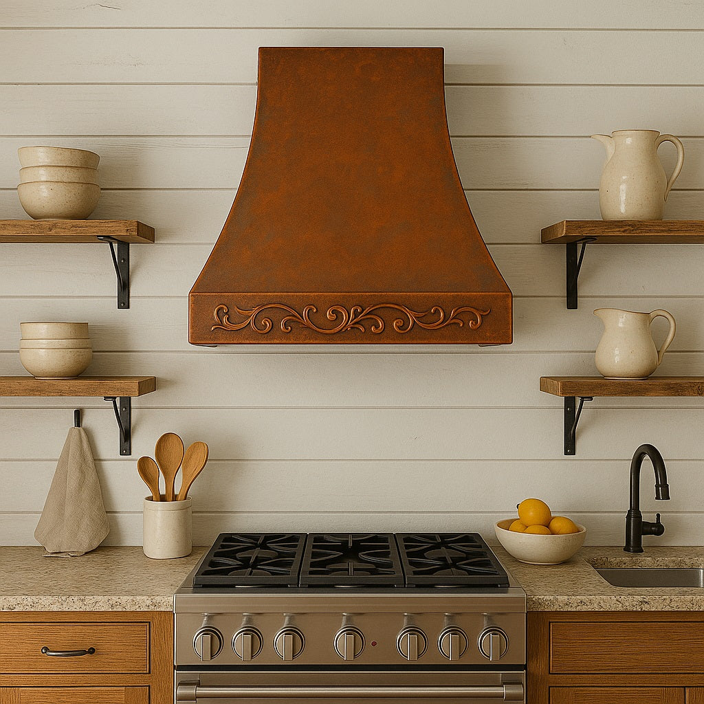 Hammered copper range hood with decorative apron in a farmhouse kitchen