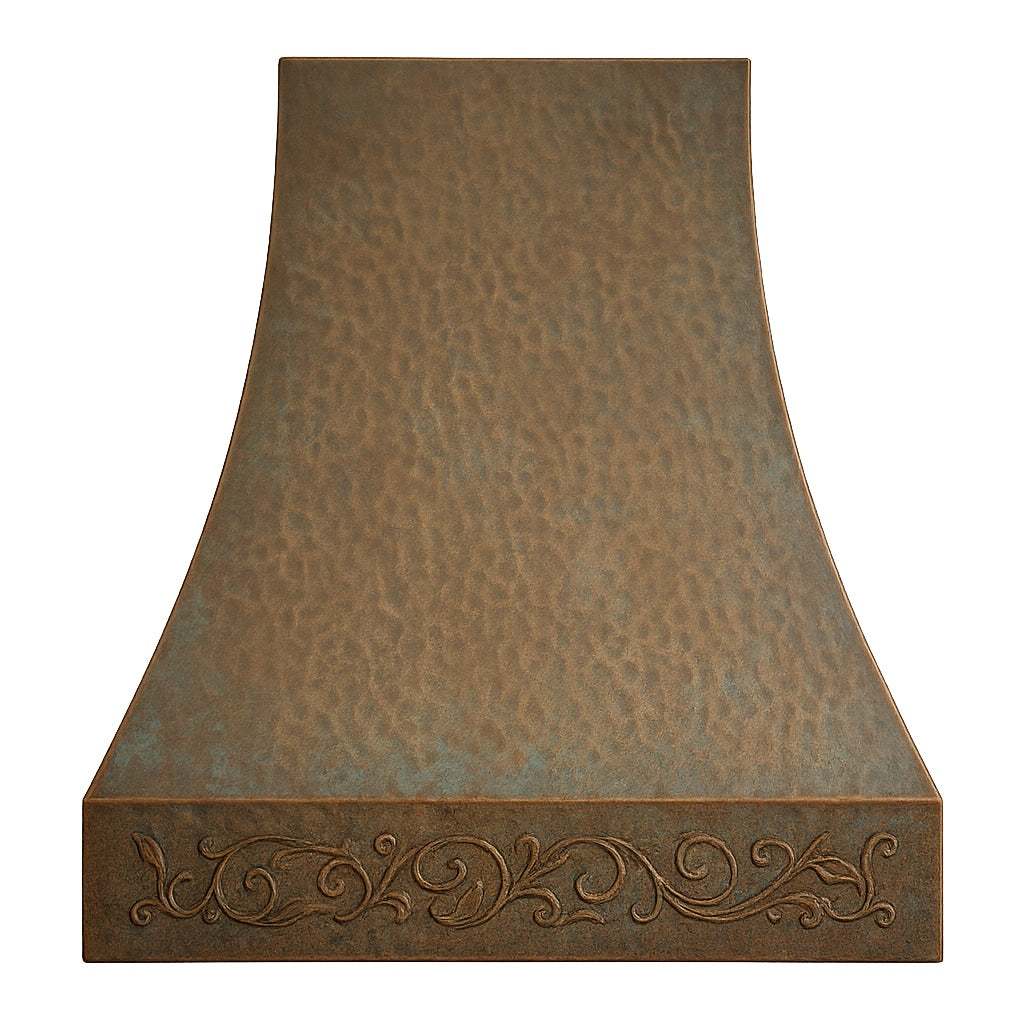 Hammered copper range hood with decorative apron front view