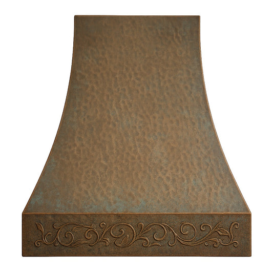 Hammered copper range hood with decorative apron front view