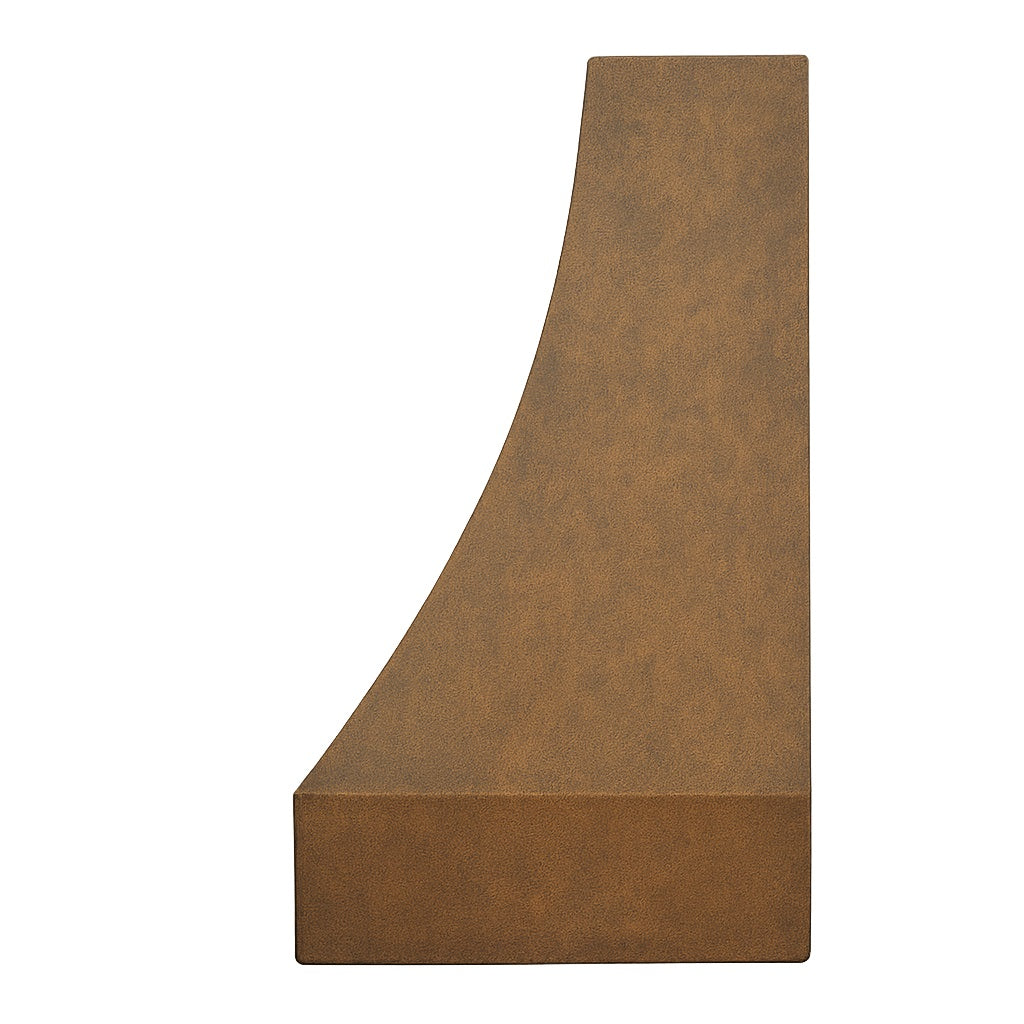 Hammered copper range hood with decorative apron side view