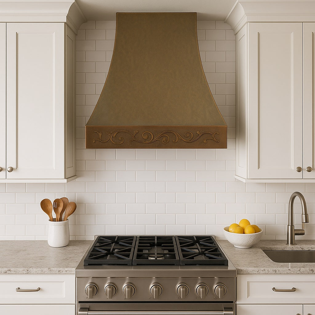 Hammered copper range hood with decorative apron in a transitional style kitchen