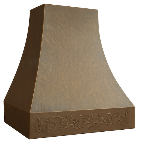 Hammered copper range hood with decorative apron