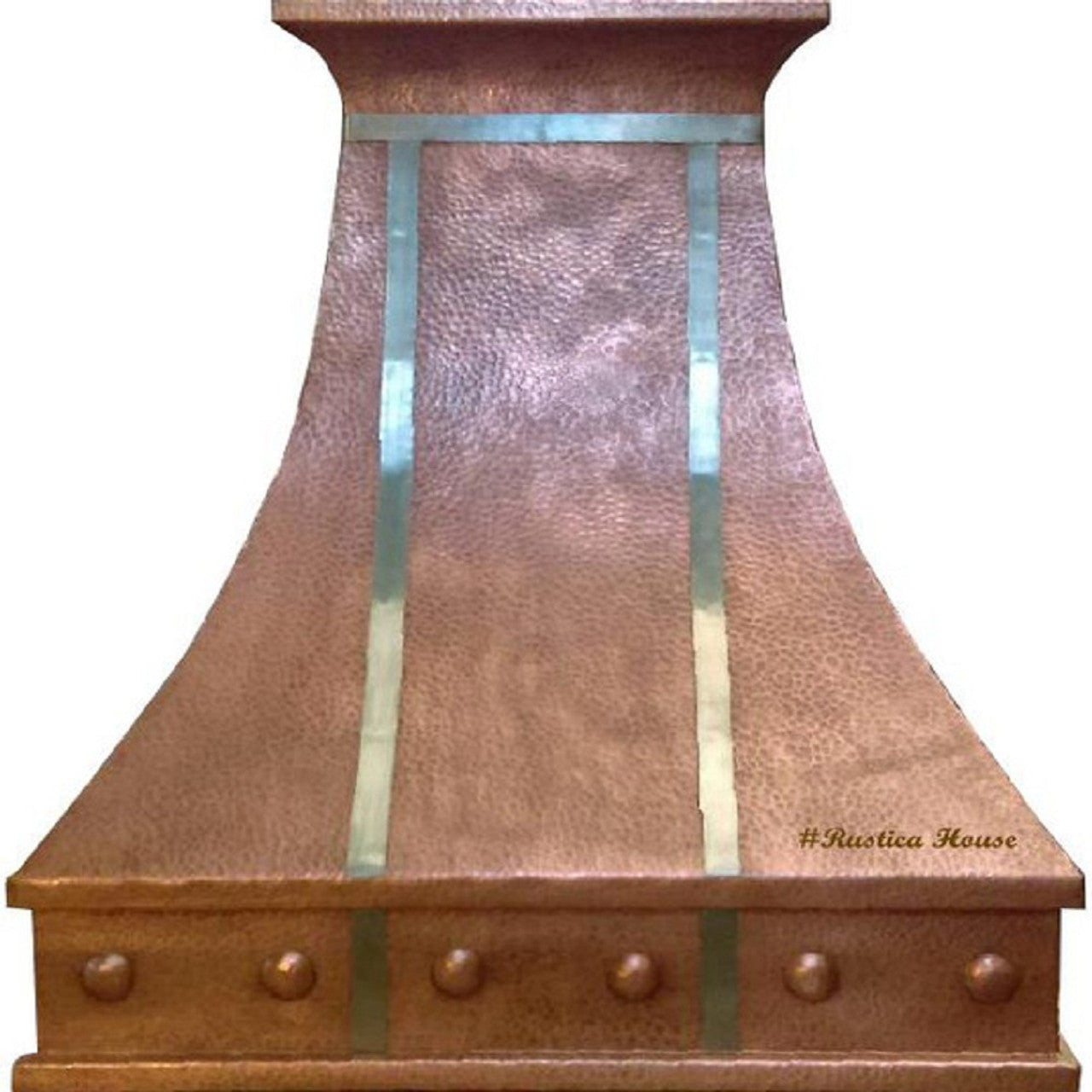 Hammered copper range hood with metal straps, front view