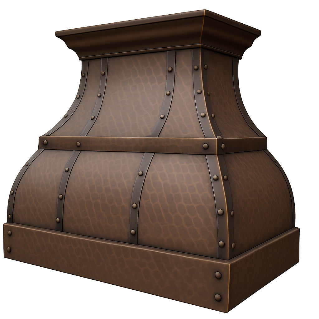 Hammered copper range hood with riveted straps and mid-band seen from its side