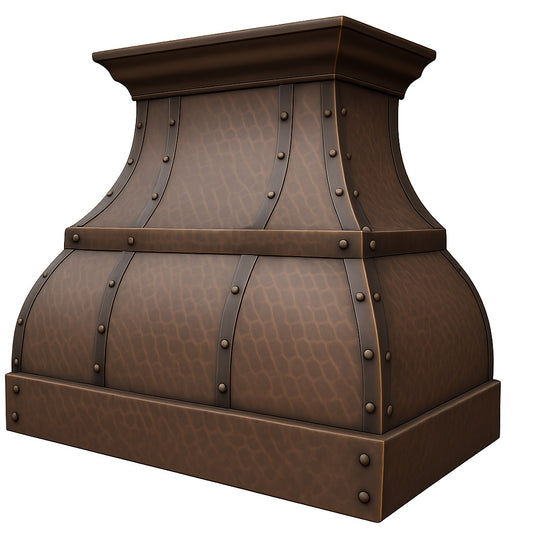 Hammered copper range hood with riveted straps and mid-band seen from its side