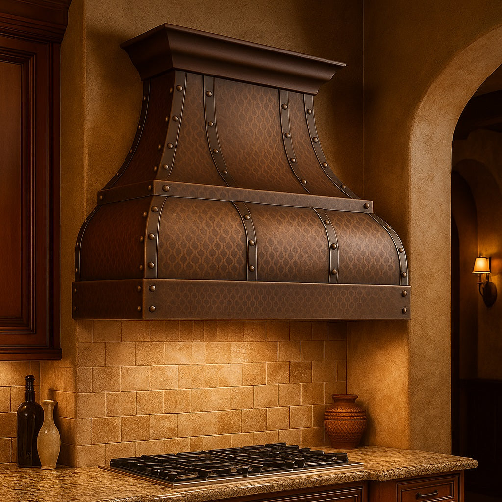 Hammered copper range hood with riveted straps and mid-band in a Spanish revival style kitchen setting