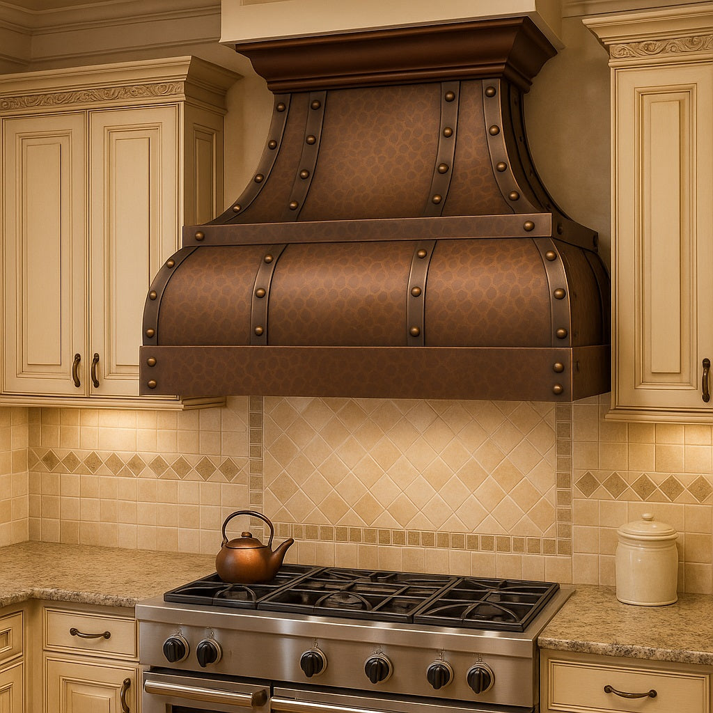 Hammered copper range hood with riveted straps and mid-band in a traditional style kitchen
