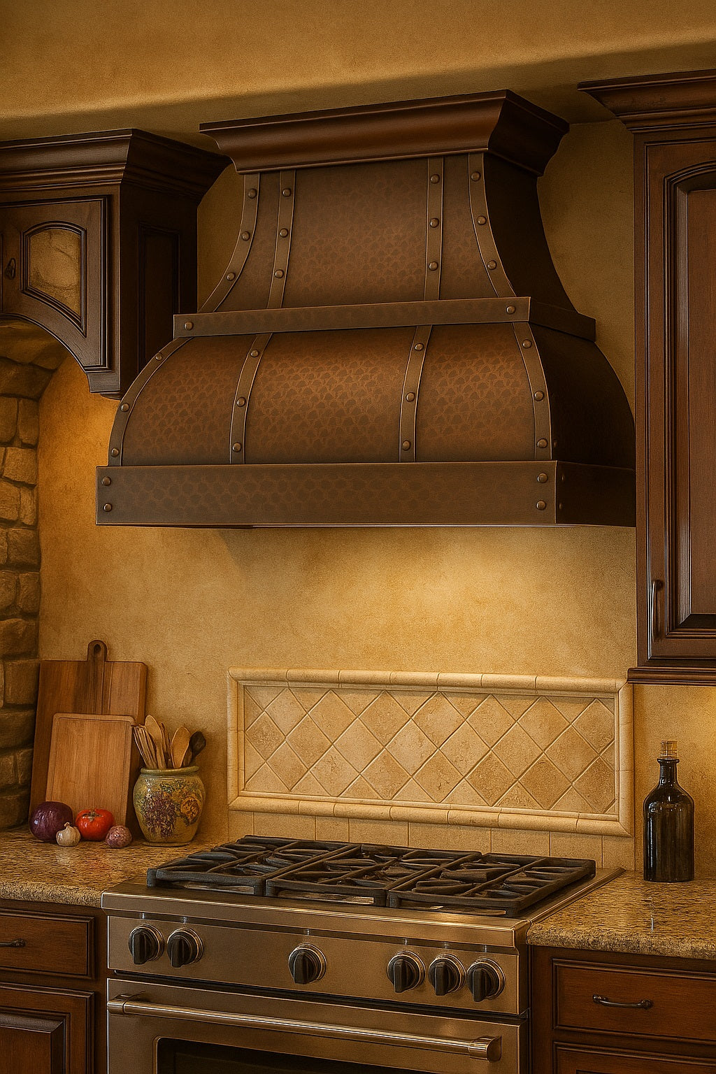 Hammered copper range hood with riveted straps and mid-band in a Tuscan style kitchen