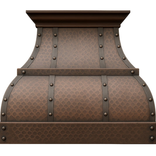 Hammered copper range hood with riveted straps and mid-band