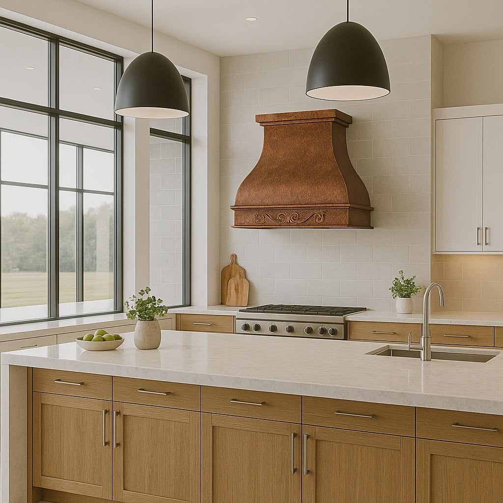 Hammered copper range hood with decorative scrollwork apron in a large contemporary kitchen in wall mount configuration