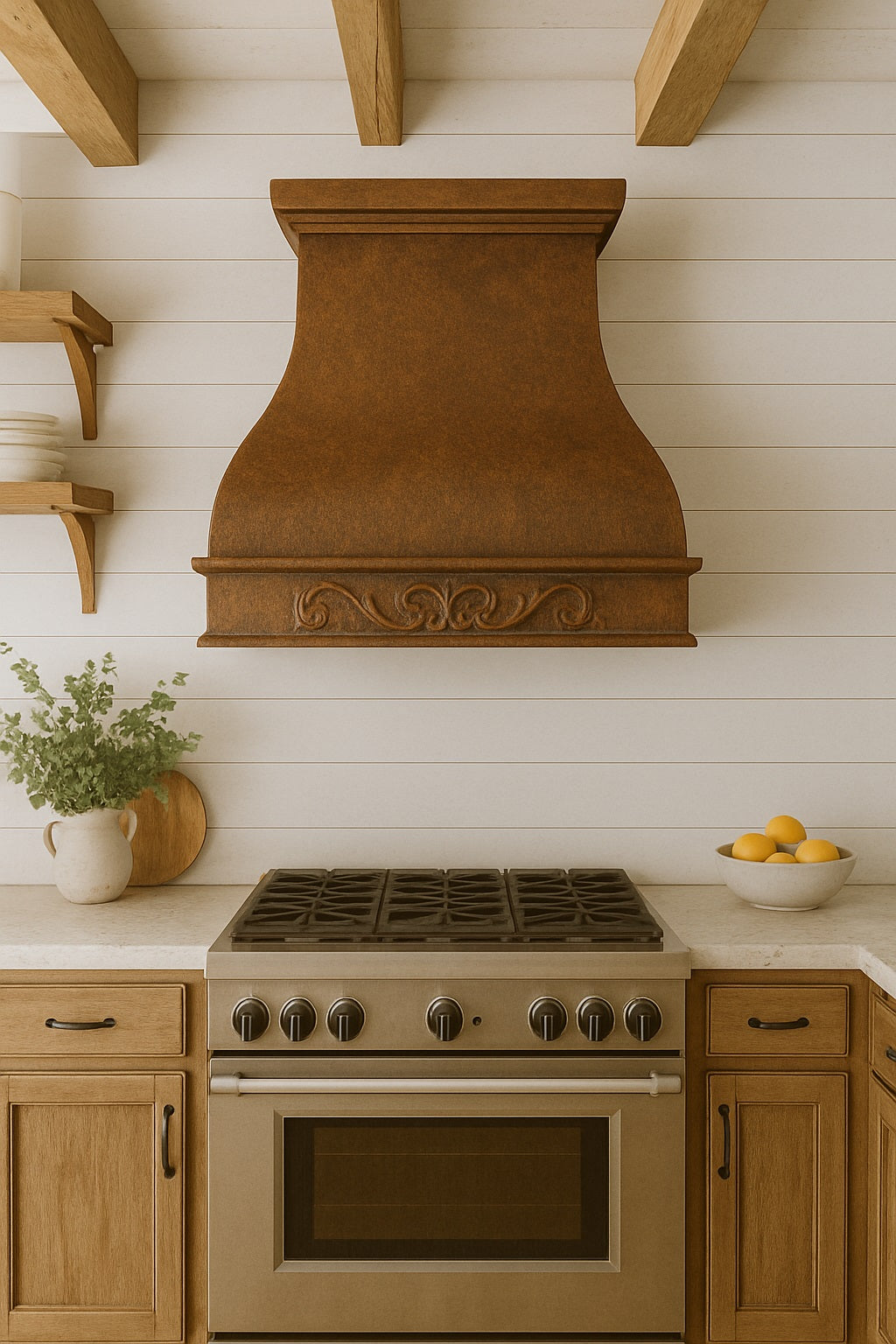 Hammered copper range hood with decorative scrollwork apron in a rustic farmhouse style kitchen