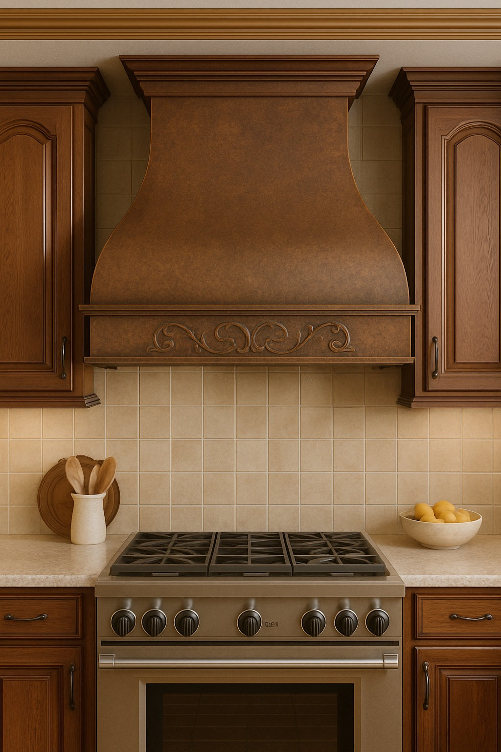 Hammered copper range hood with decorative scrollwork apron in a traditional kitchen setting