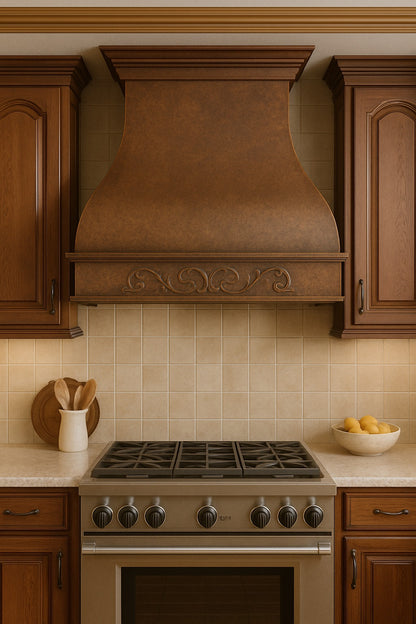 Hammered copper range hood with decorative scrollwork apron in a traditional kitchen setting