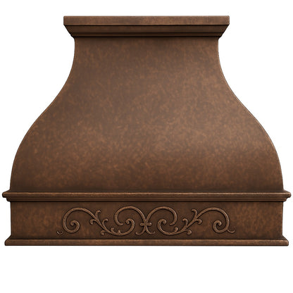 Hammered copper range hood with decorative scrollwork apron design, front view