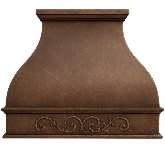 Hammered copper range hood with decorative scrollwork apron design, front view