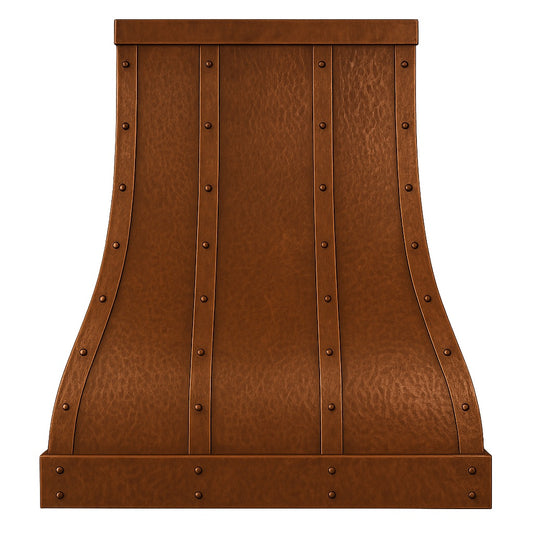 Hammered copper range hood with straps and rivets front view