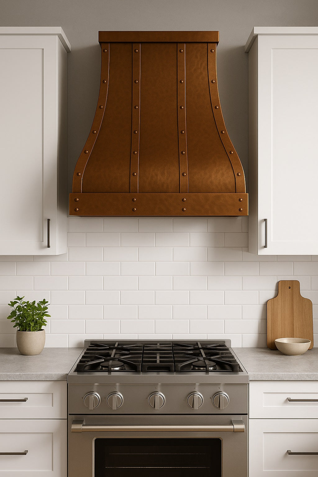 Hammered copper range hood with straps and rivets in a modern style kitchen