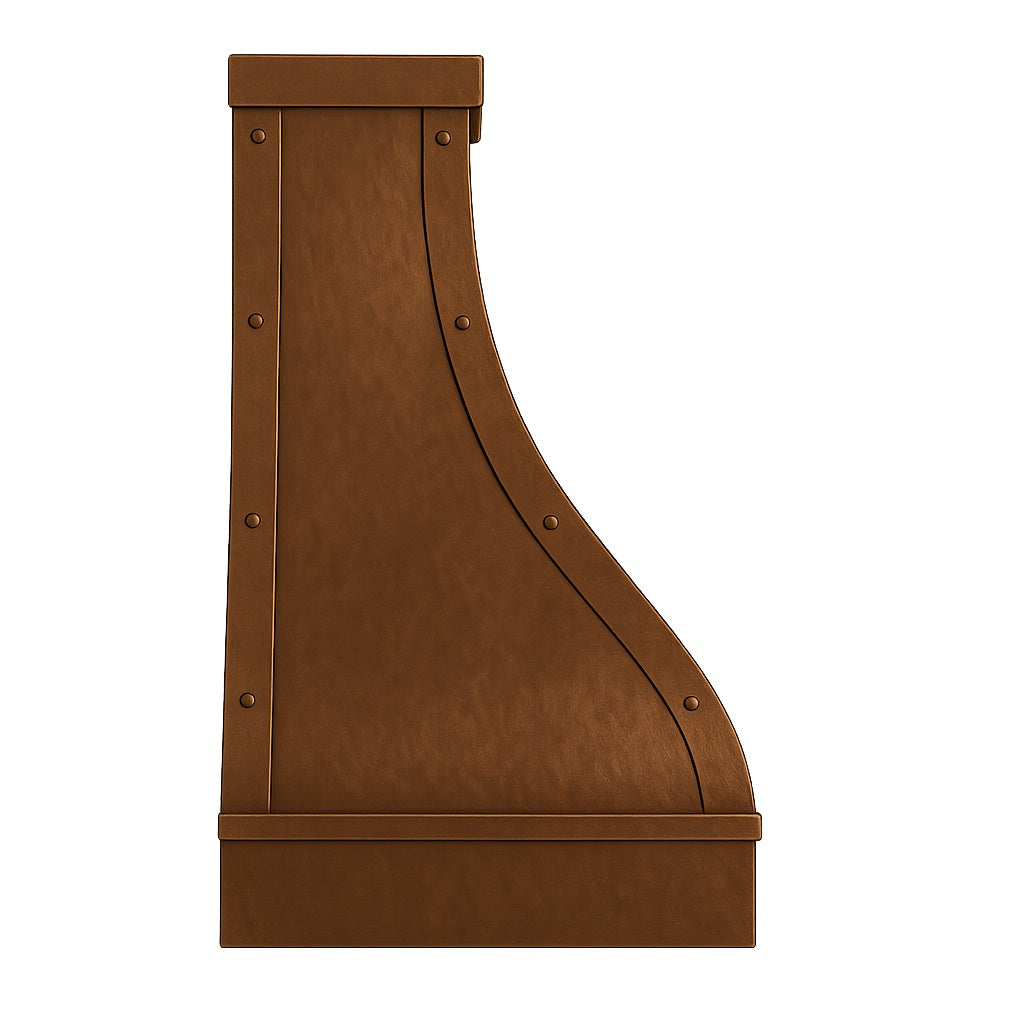 Hammered copper range hood with straps and rivets profile view