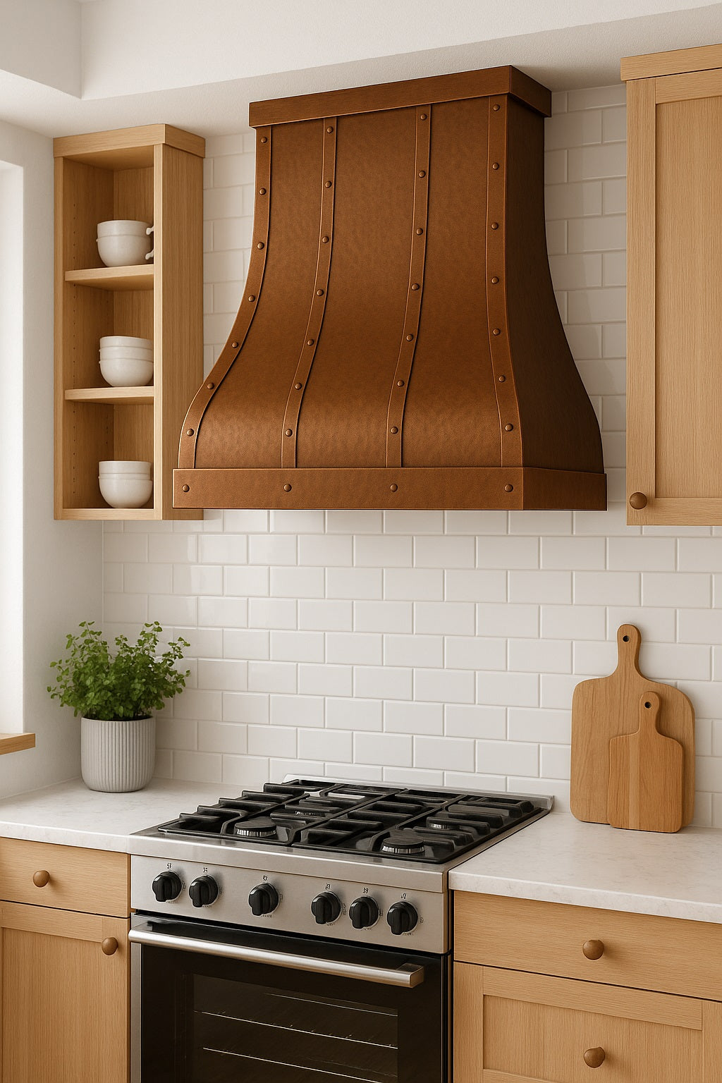 Hammered copper range hood with straps and rivets in a Scandinavian kitchen