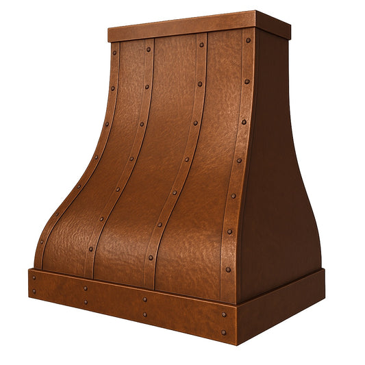 Hammered copper range hood with straps and rivets
