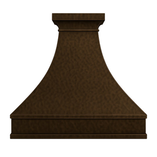 Hammered copper range hood with trapezoid design seen from the front
