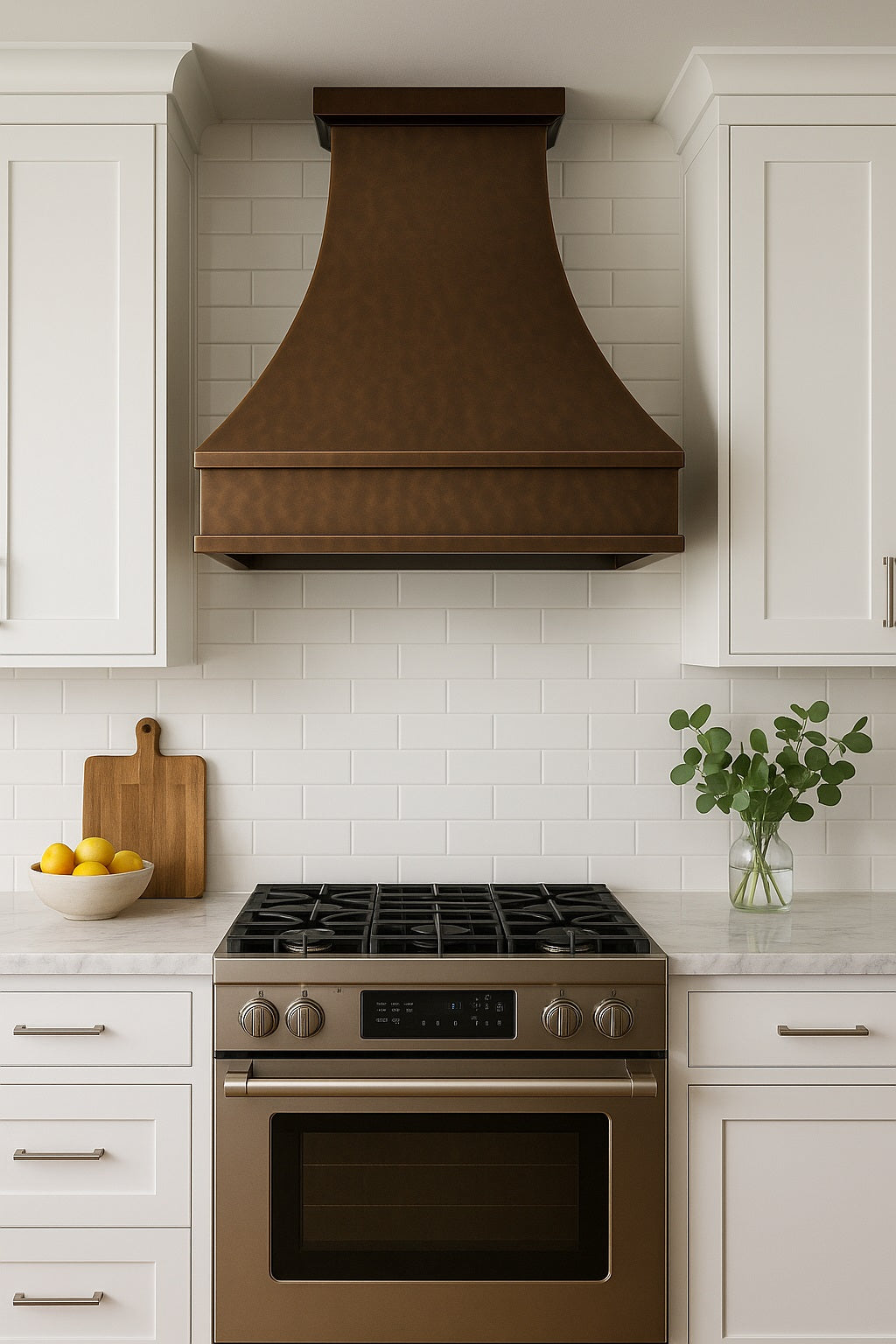 Hammered copper range hood with trapezoid design in a modern kitchen